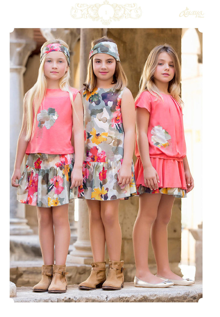 Vestido estampado Floral color kaki de talle bajo,  en satén y viscosa. Artesanía Amaya. 76421