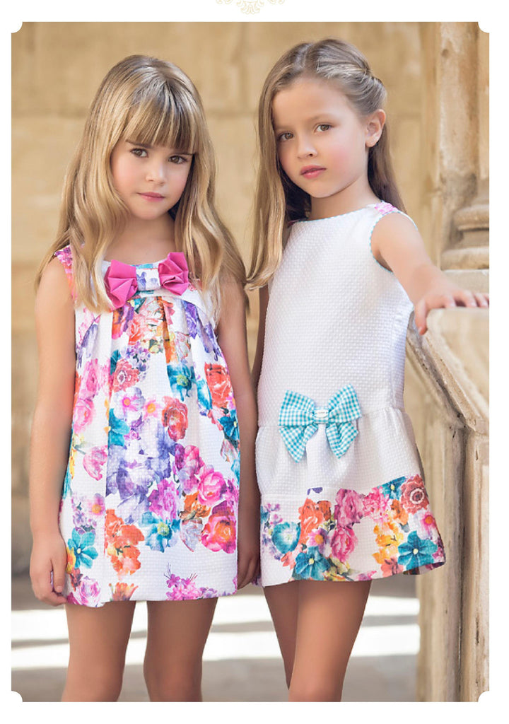 Vestido Blanco combinado estampado de talle bajo con lazo lateral en piqué  Artesanía Amaya 76033
